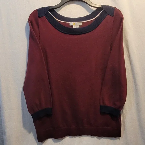 Boden Sweater Cotton Maroon Navy Ribbed Trim Boatneck Pullover 3/4 Slv Womens LG - Picture 4 of 8